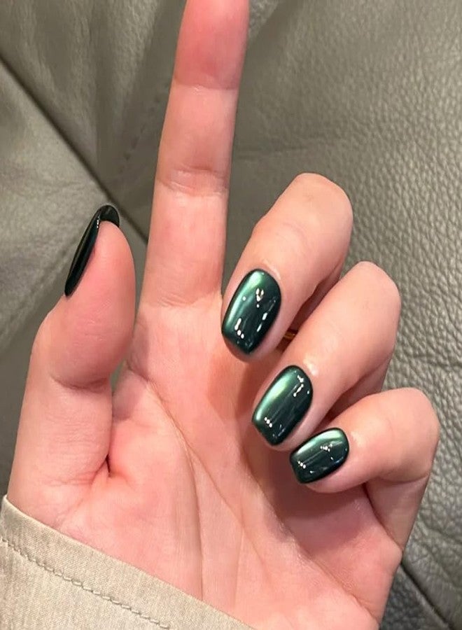 TOGZOM Dark Green Press on Nails Short Square Fake Nails Cat Eye Acrylic Nails Ombre Artificial Glue on Nail Glossy False Nails Xmas Stick on Nail for Women Manicure 30Pcs - Image 2